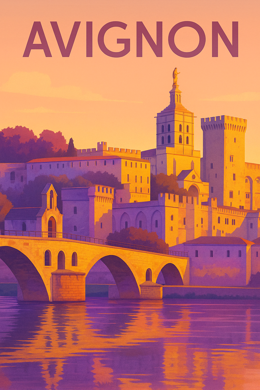 Peinture à numéro Avignon représentant le Palais des Papes et le pont au coucher du soleil