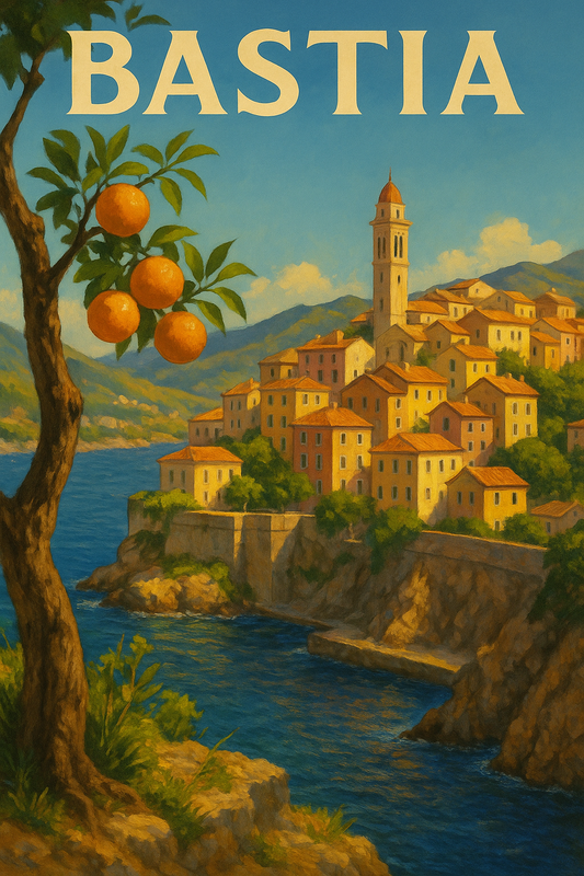 Peinture à numéro Bastia représentant un village corse sur les falaises avec vue sur la mer