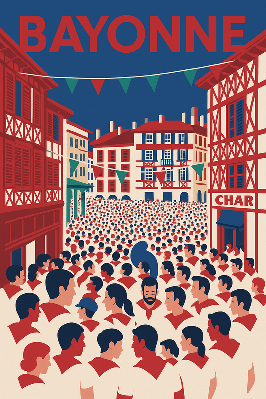 Peinture à numéro Bayonne représentant une foule en fête dans les rues aux maisons basques