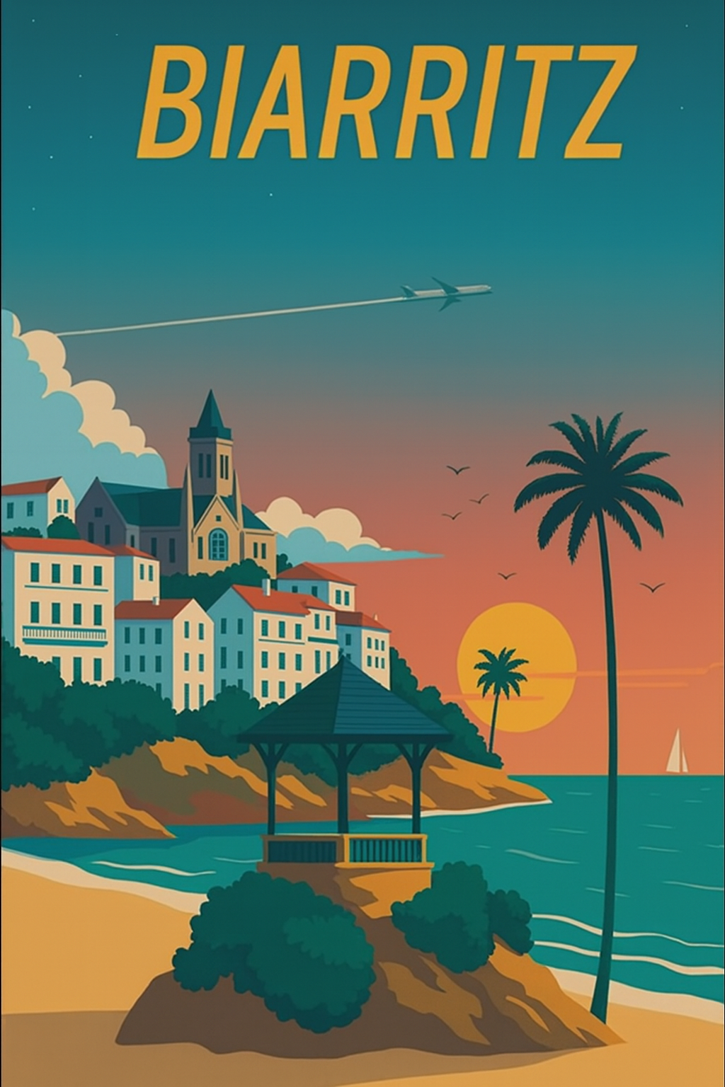 Peinture à numéro Biarritz représentant la côte basque et l’océan au coucher du soleil