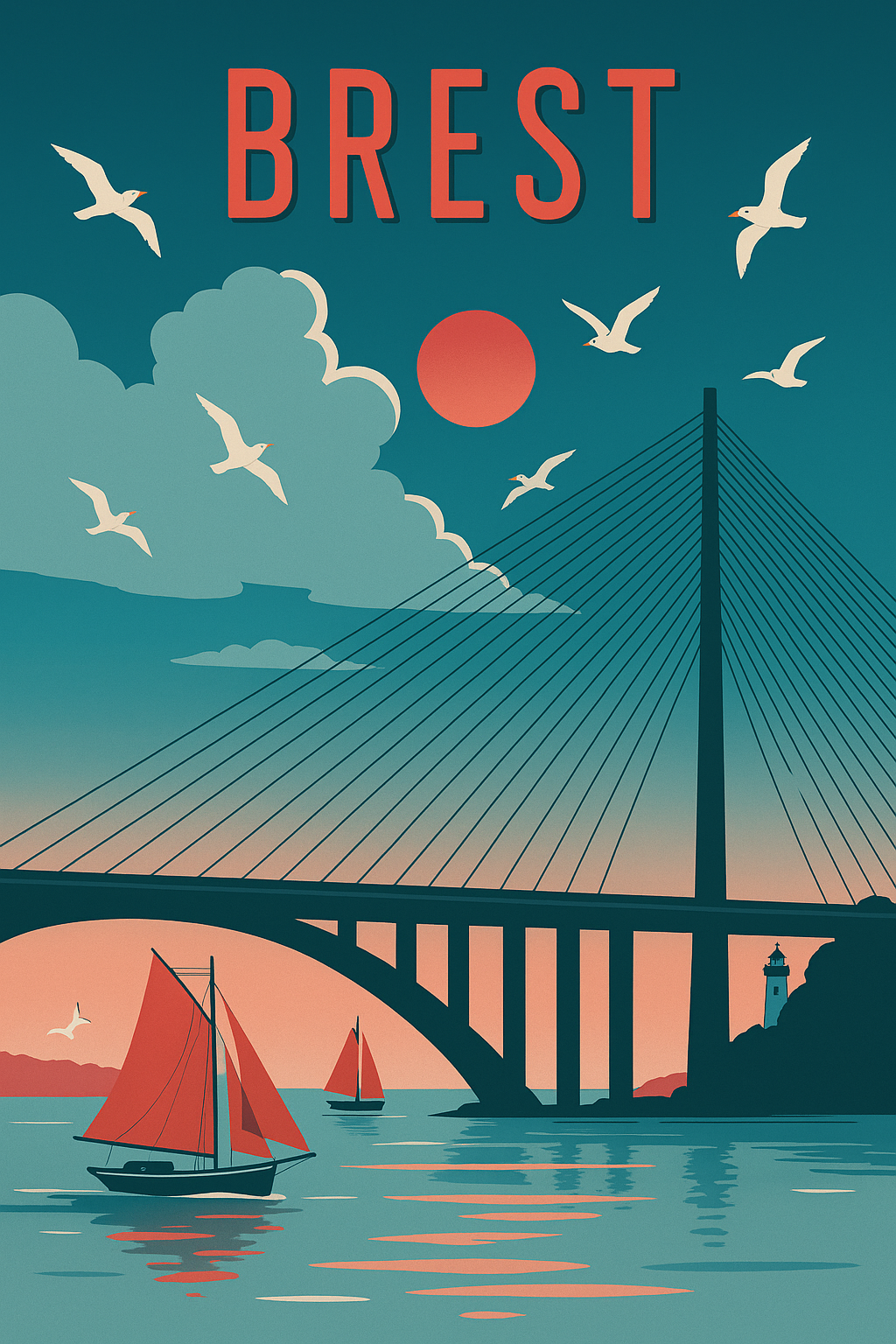 Peinture à numéro Brest représentant un pont moderne avec des voiliers sur la rade