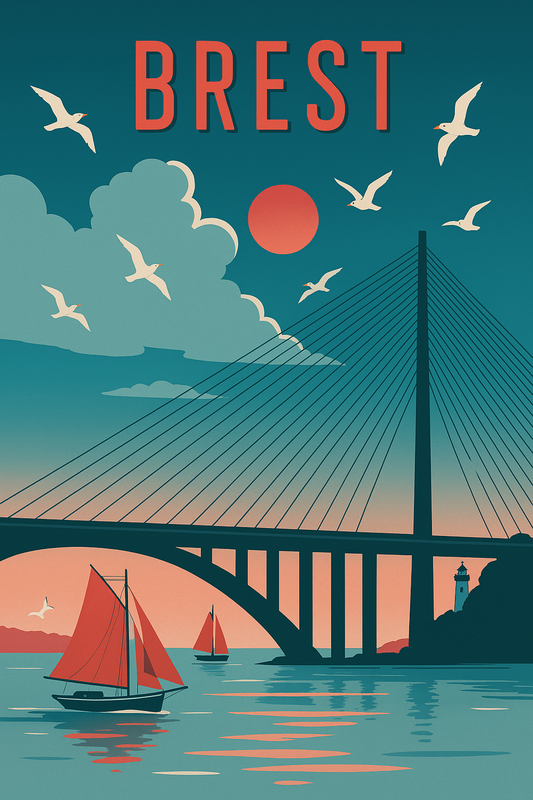 Peinture à numéro Brest représentant un pont moderne avec des voiliers sur la rade