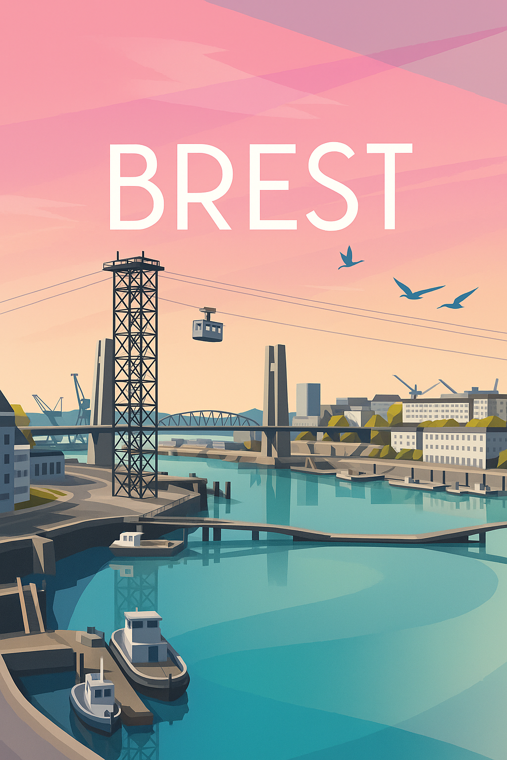 Peinture à numéro Brest représentant le port, le téléphérique et la rade au coucher du jour