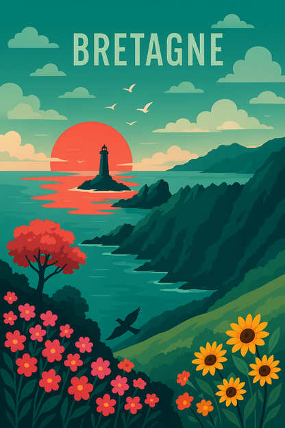 Peinture à numéro Bretagne représentant un phare face à l’océan au coucher de soleil