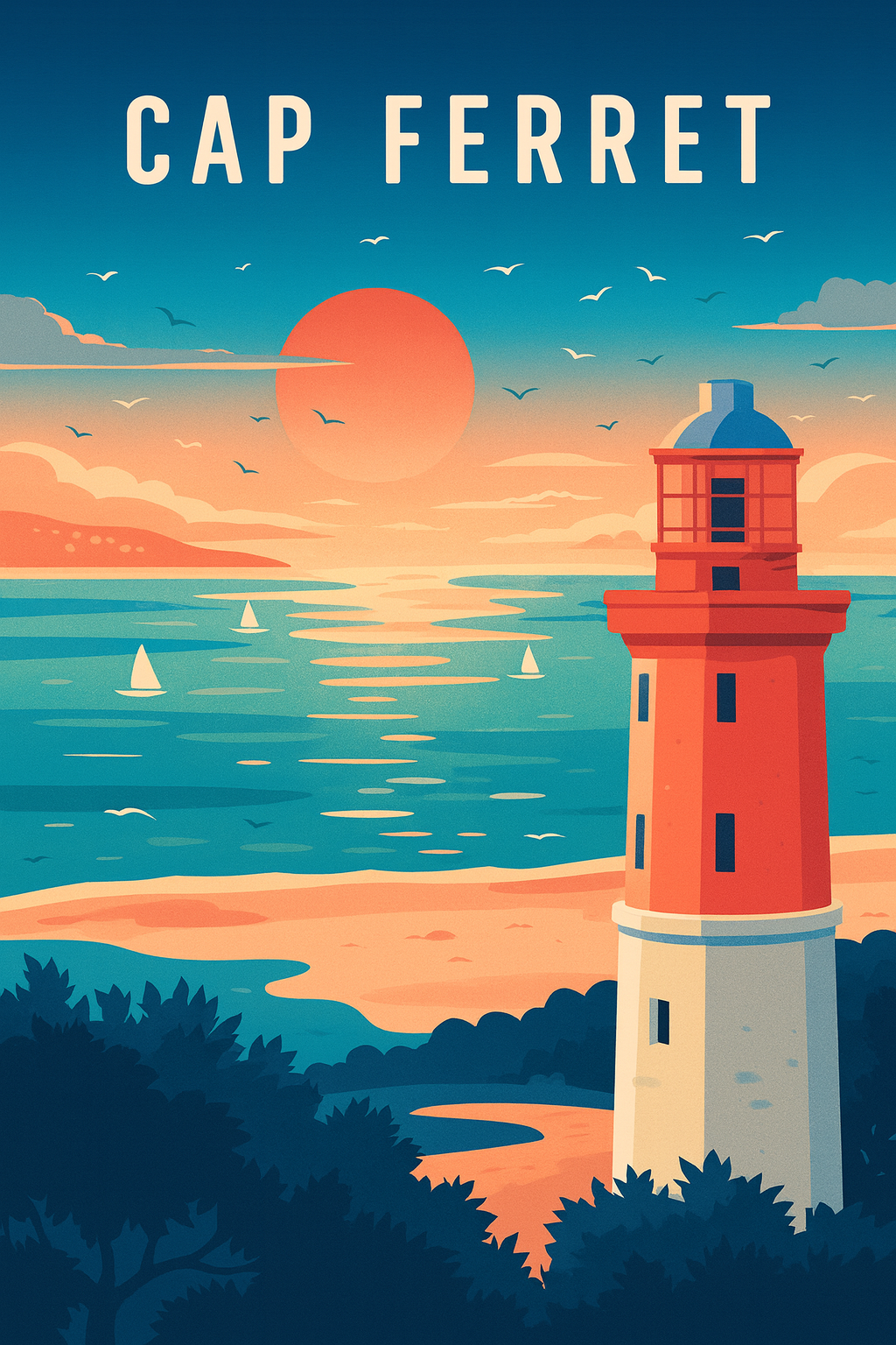 Peinture à numéro Cap Ferret représentant un phare face à l’océan au coucher du soleil