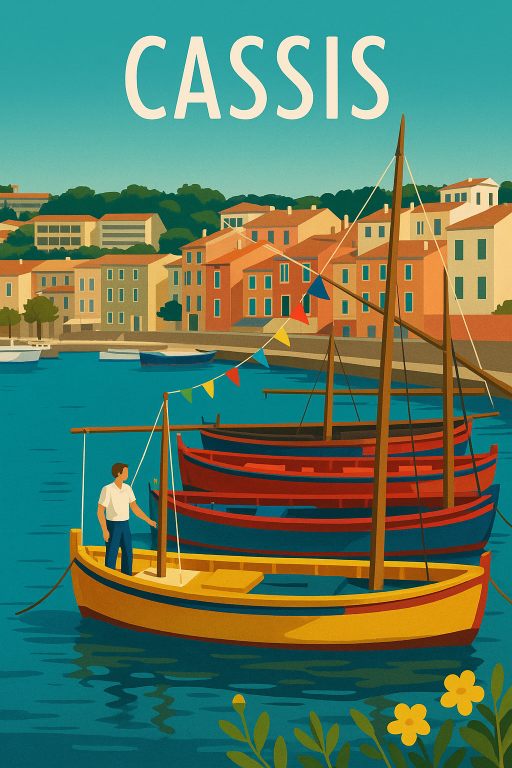Peinture à numéro Cassis représentant le port avec des barques colorées et des maisons méditerranéennes