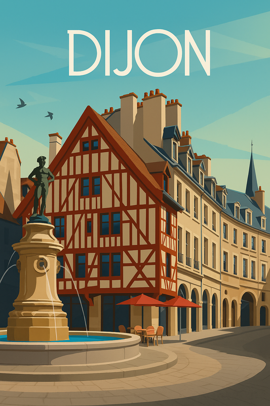 Peinture à numéro Dijon représentant une place historique avec maisons à colombages