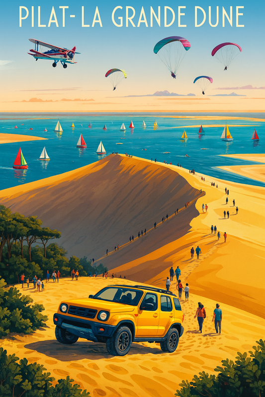 Peinture à numéro Dune du Pilat représentant la grande dune face à l’océan avec voiliers et parapentes