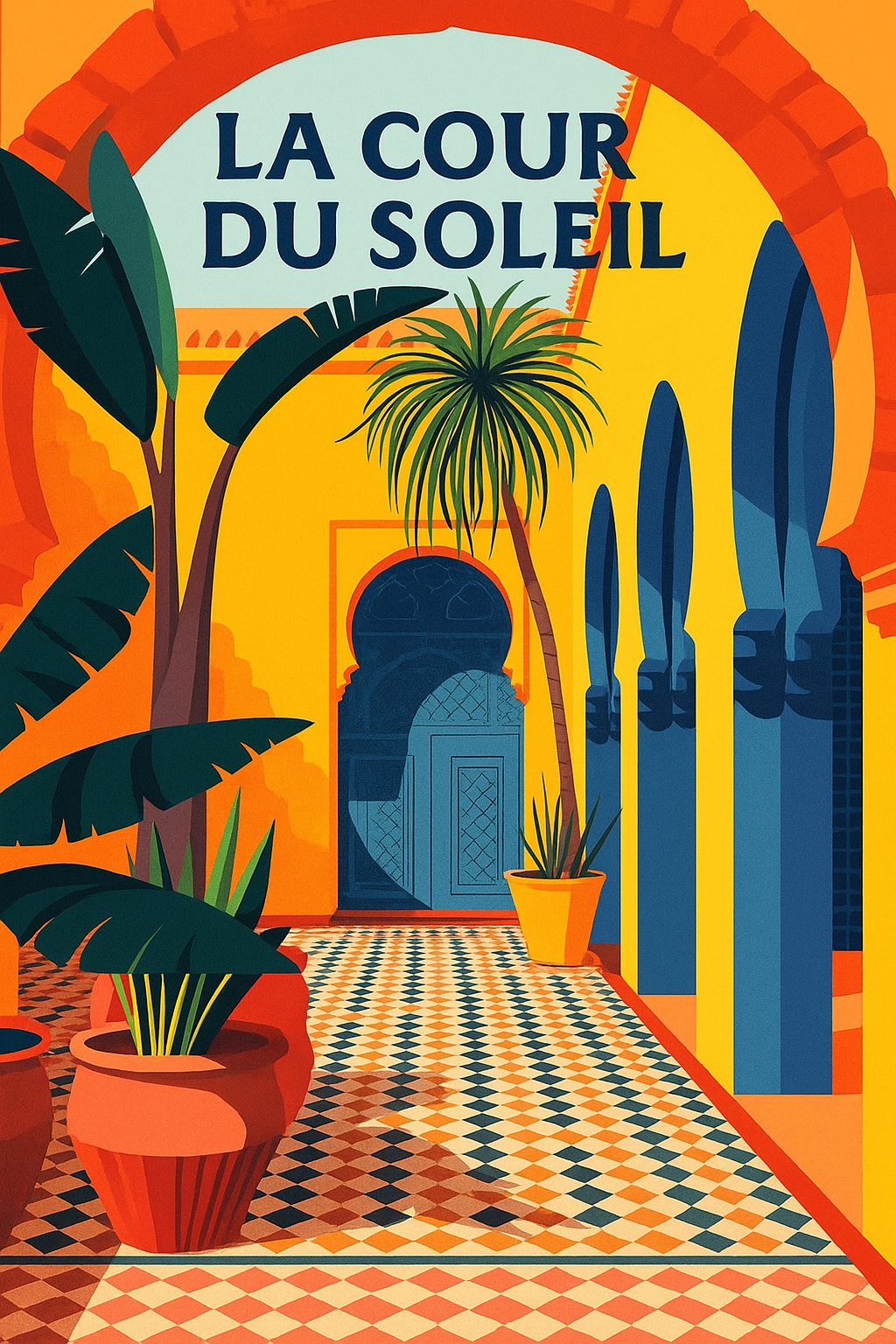 Peinture à numéro La Cour du Soleil représentant un patio lumineux avec arches et plantes exotiques