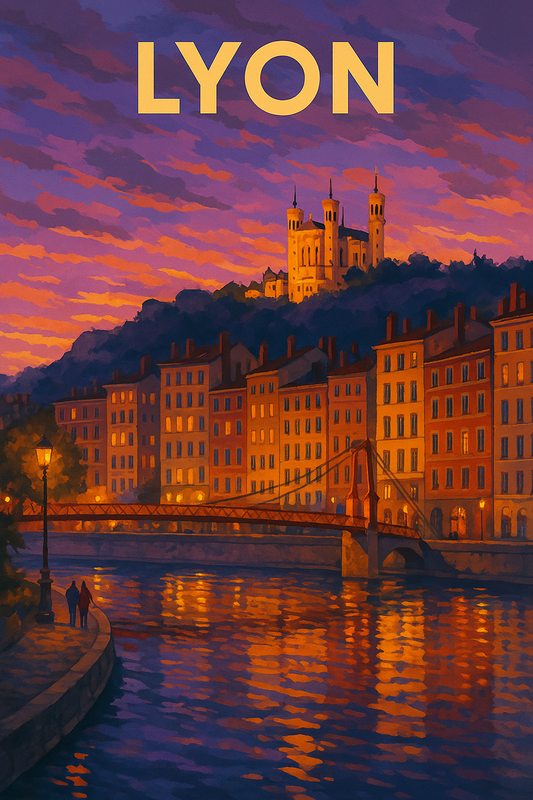 Peinture à numéro Lyon représentant la Saône au coucher du soleil avec la basilique de Fourvière