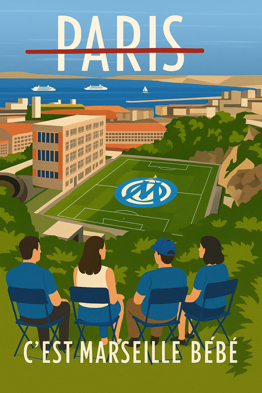 Peinture à numéro Marseille représentant un terrain de football aux couleurs de l’OM avec vue sur la ville