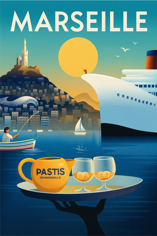 Peinture à numéro Marseille représentant le Vieux-Port au soleil couchant, décoration méditerranéenne