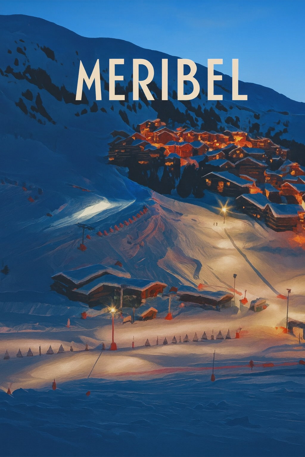 Peinture à numéro Méribel représentant une station de ski illuminée au crépuscule