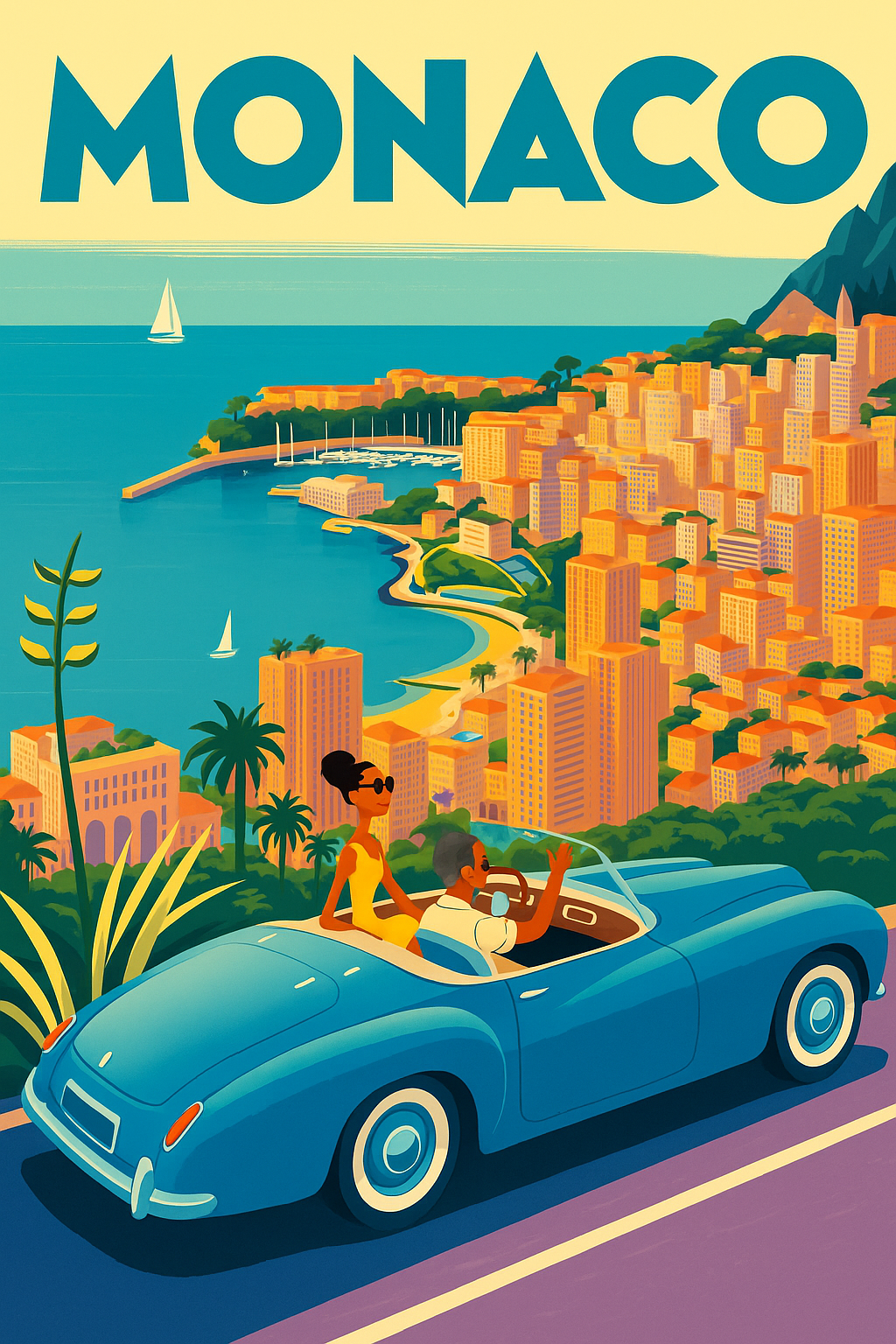 Peinture à numéro Monaco représentant une voiture décapotable face à un panorama côtier méditerranéen