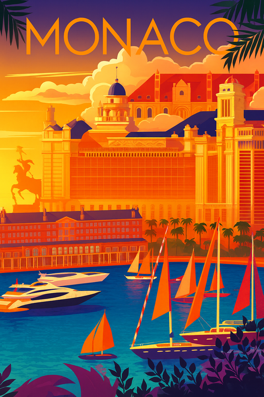 Peinture à numéro Monaco représentant le port, des voiliers et le palais princier au coucher du soleil