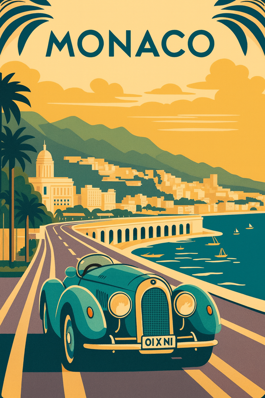 Peinture à numéro Monaco représentant une route côtière avec une voiture vintage et la mer Méditerranée
