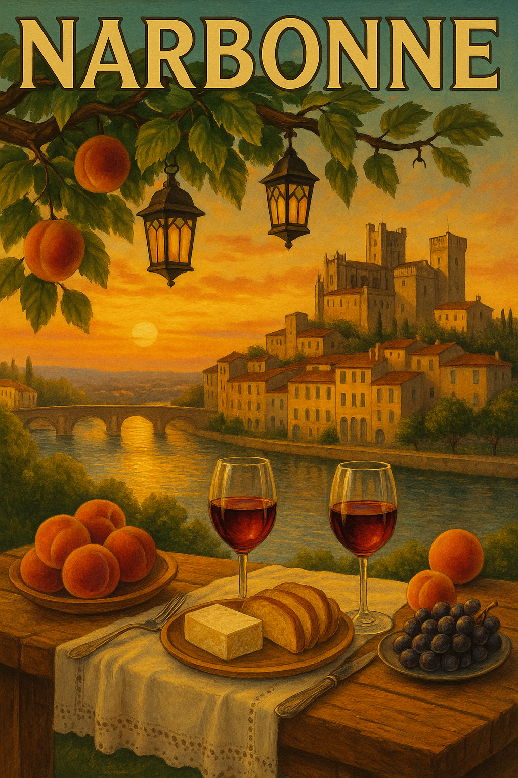Peinture à numéro Narbonne représentant une table avec vin et vue sur la ville au coucher du soleil