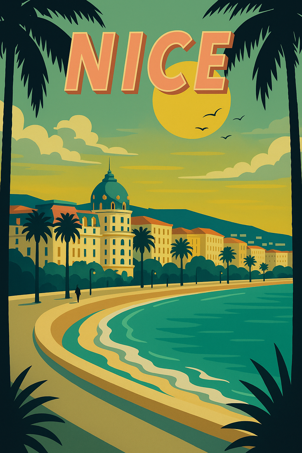 Peinture à numéro Nice représentant la Promenade des Anglais, les palmiers et la mer Méditerranée