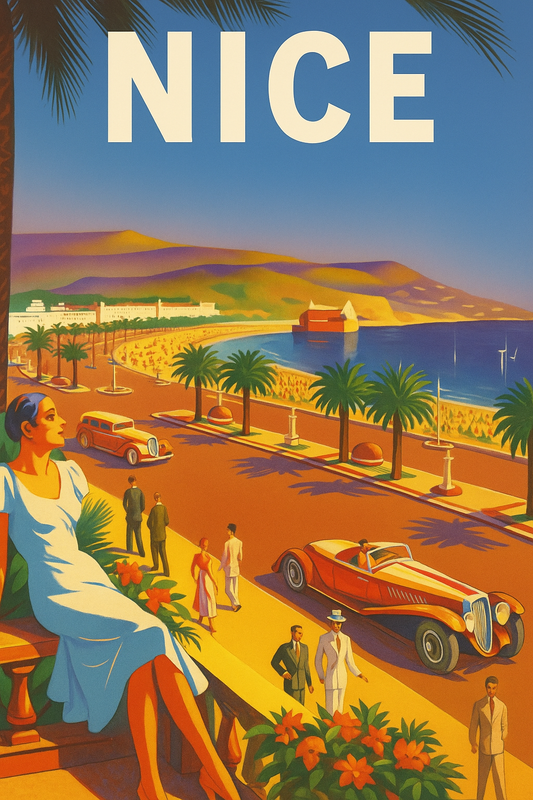 Peinture à numéro Nice représentant la Riviera avec palmiers, voitures vintage et vue sur la mer