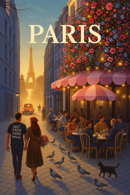 Peinture à numéro Paris représentant un café parisien avec la Tour Eiffel au crépuscule