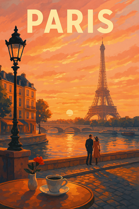 Peinture à numéro Paris représentant une terrasse parisienne face à la Tour Eiffel au coucher du soleil