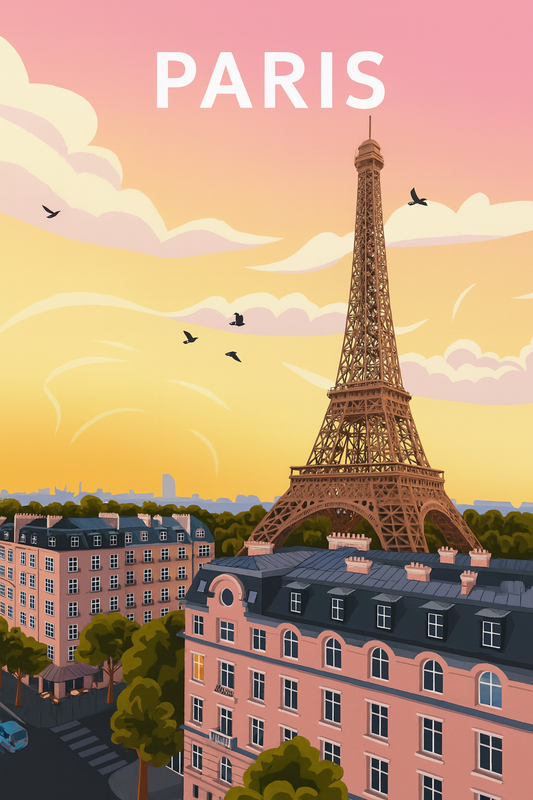 Peinture à numéro Paris représentant la Tour Eiffel au-dessus des toits parisiens sous une lumière dorée