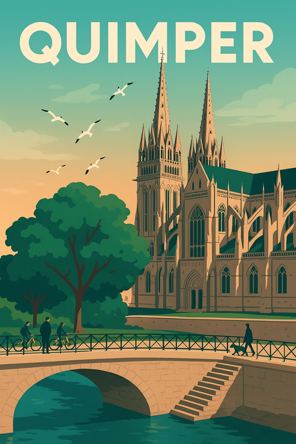 Peinture à numéro Quimper représentant la cathédrale et un pont sur la rivière Odet