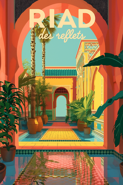 Peinture à numéro Riad des Reflets représentant un patio marocain avec bassin et palmiers