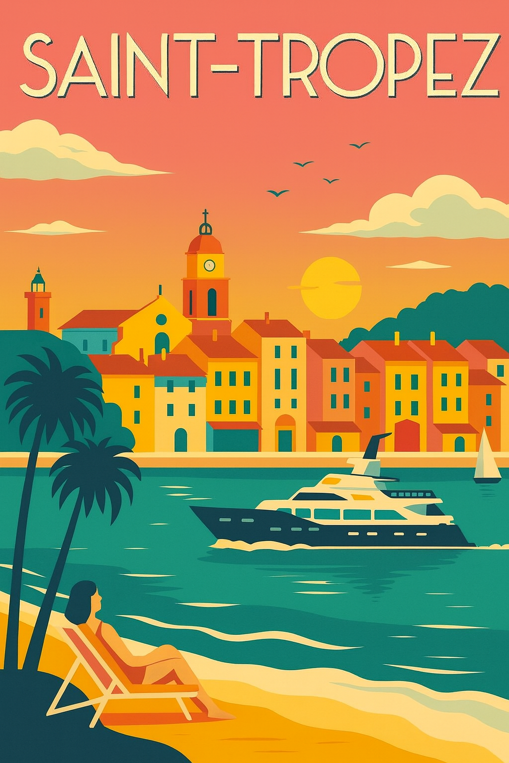 Peinture à numéro Saint-Tropez représentant le port, la plage et un coucher de soleil méditerranéen