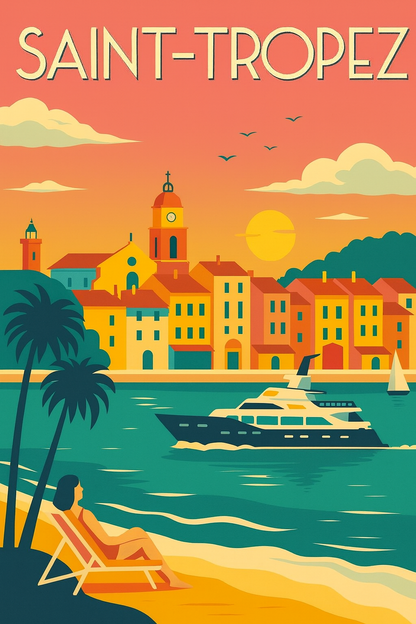 Peinture à numéro Saint-Tropez représentant le port, la plage et un coucher de soleil méditerranéen