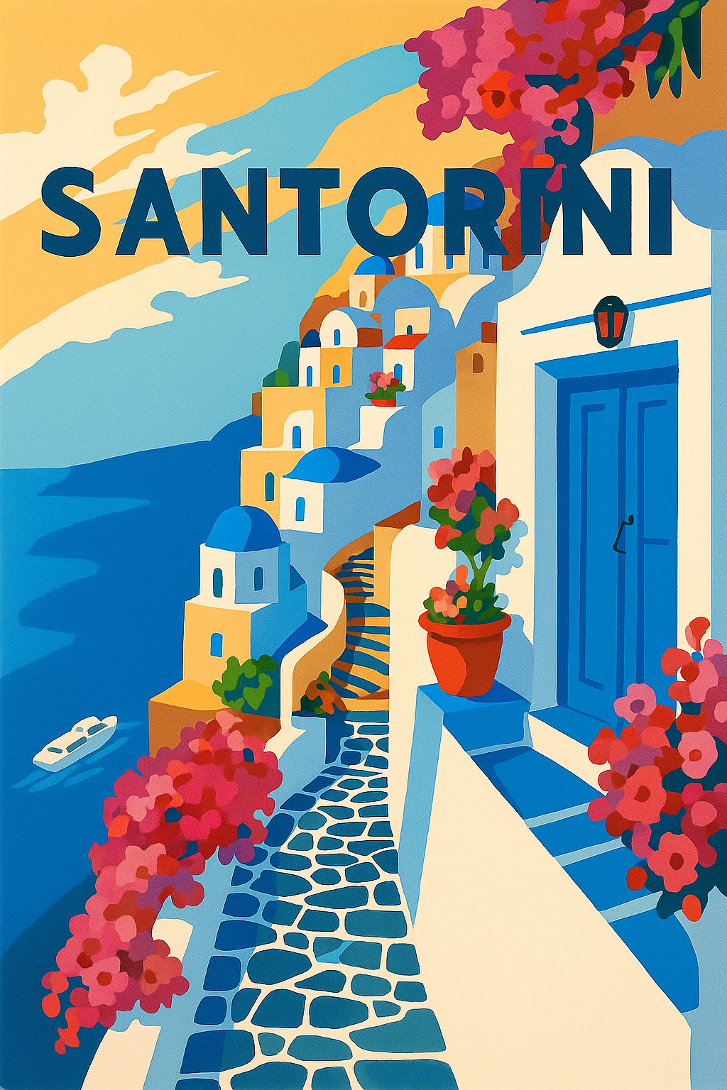 Peinture à numéro Santorini avec maisons blanches et bleues surplombant la mer Égée