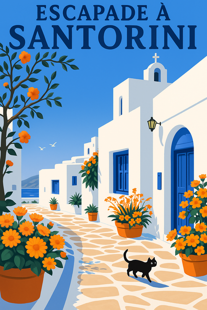 Peinture à numéro Santorini représentant une ruelle fleurie avec maisons blanches et portes bleues