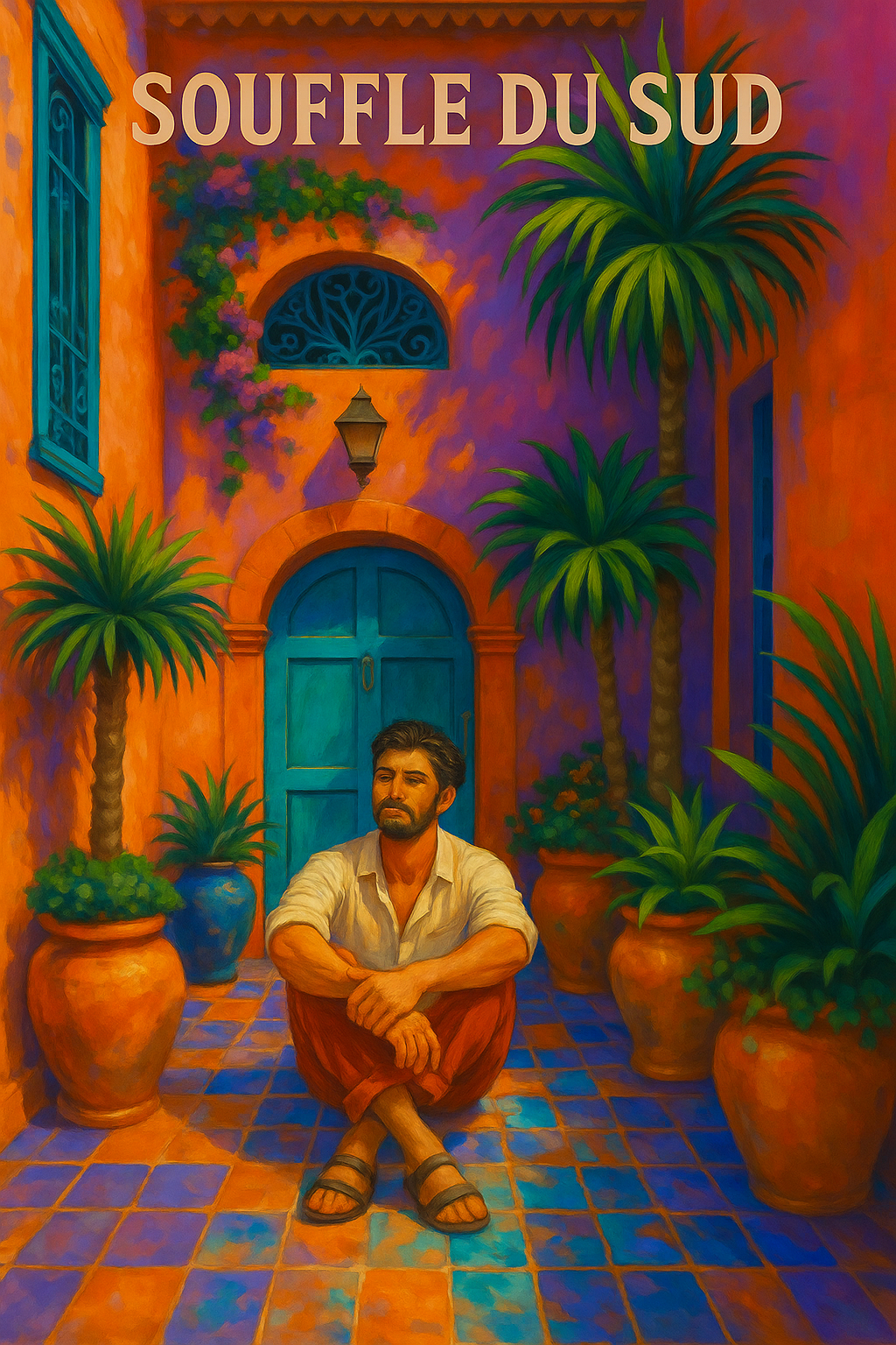 Peinture à numéro Souffle du Sud représentant un patio méditerranéen coloré avec personnage assis