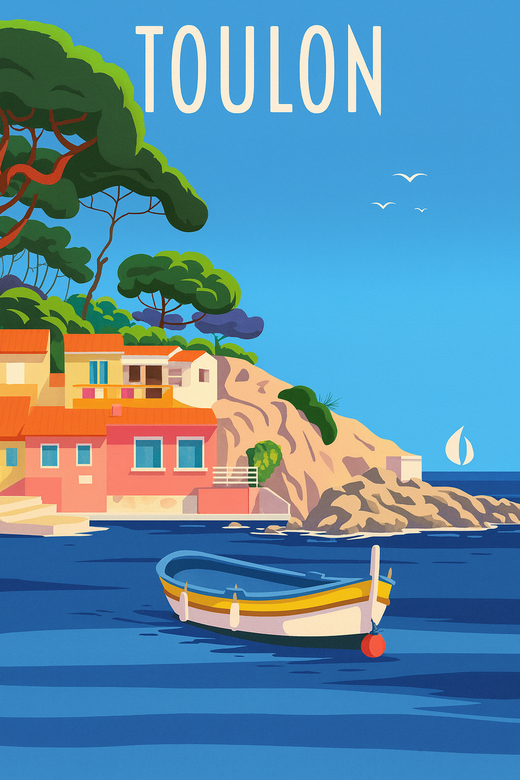 Peinture à numéro Toulon représentant une barque sur la mer avec maisons colorées et crique méditerranéenne